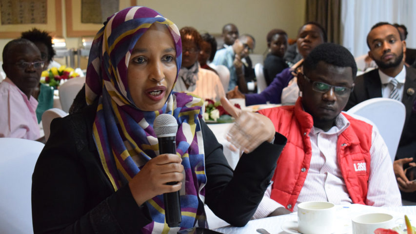 Media Focus on Africa encourages women to run for office; a candidate is pictured at a 2017 event in Kenya.