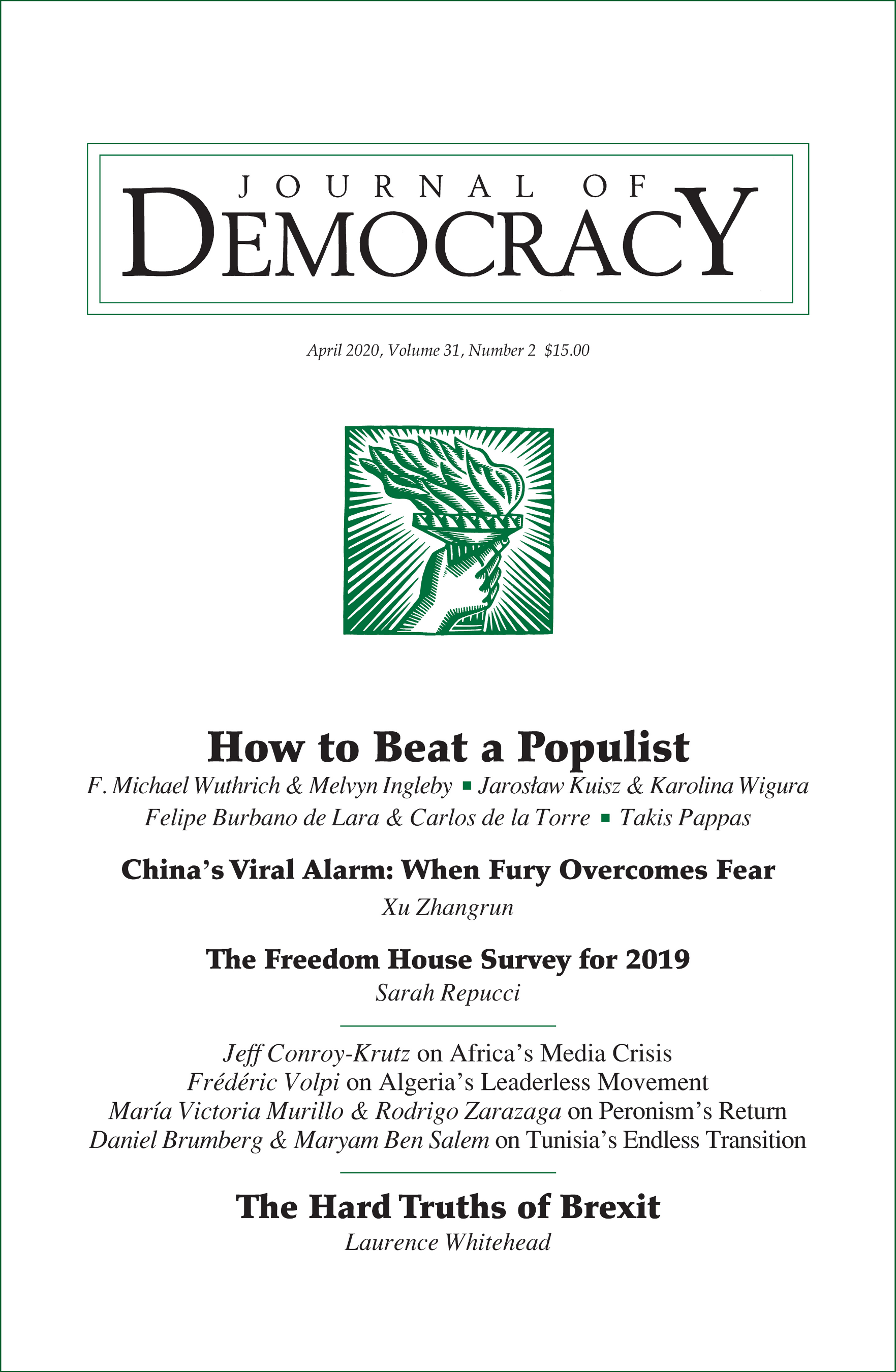 Journal of Democracy April 2020 Issue: How to Beat a Populist 